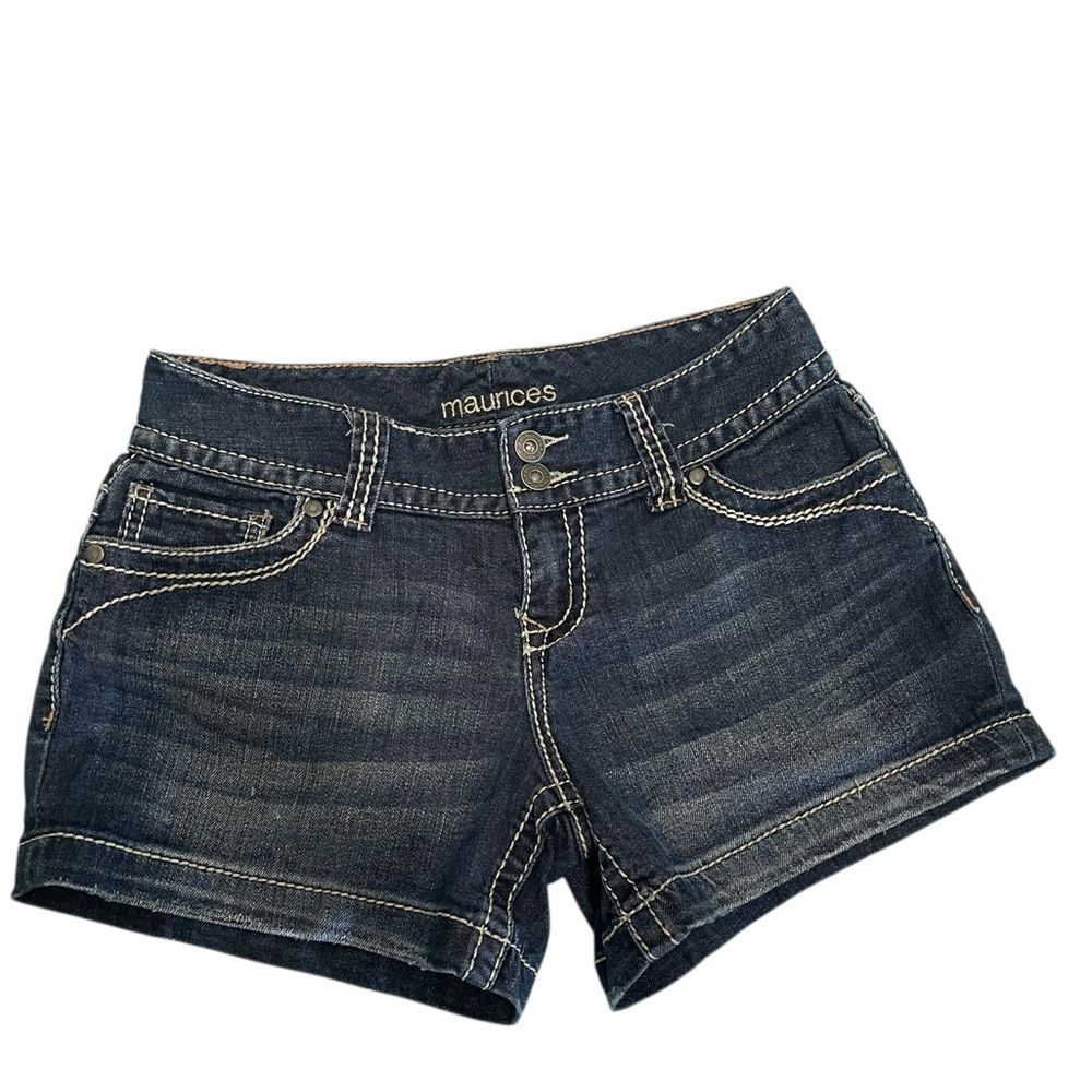 Women’s big chunky white stitch Maurices Dark Indigo Jean Shorts Sz 1/2